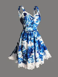 Roses Floral Patchwork Lace Skirt Dress, Elegant Chic Summer Garden Party Dress, V-Neck Slim Fit A-Line Dress, Women's Fashion