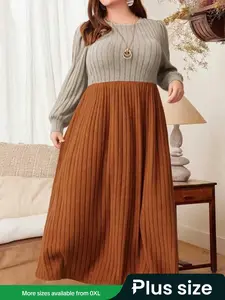 Plus Size Women's Colorblock Dress, Round Neck Long Sleeve Elegant Slimming Waist Autumn Winter Fashion, Ladies Clothing, Casual Dresses