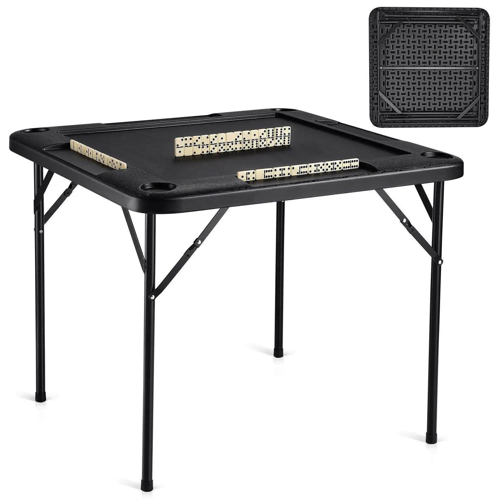 【FathersDayGift】VEVOR Mahjong Table 4 Player Folding Card Table & 4 Cup Holders Chip Trays Black