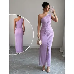 French Elegant Mesh One Shoulder Ruched Fitted Slit Purple Women Dress Fabric Formal