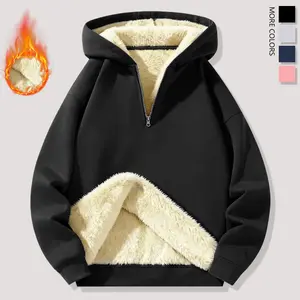 Men's Solid Fleece-Lined Half Zip Hoodie - Athletic, Comfortable, Warm, Suitable for Casual Wear, Gym, or Relaxing - Machine Washable Polyester Fiber - Loose Fit, Casual Hoodie with Hood | Loose Fit Hoodie | Knitted Texture