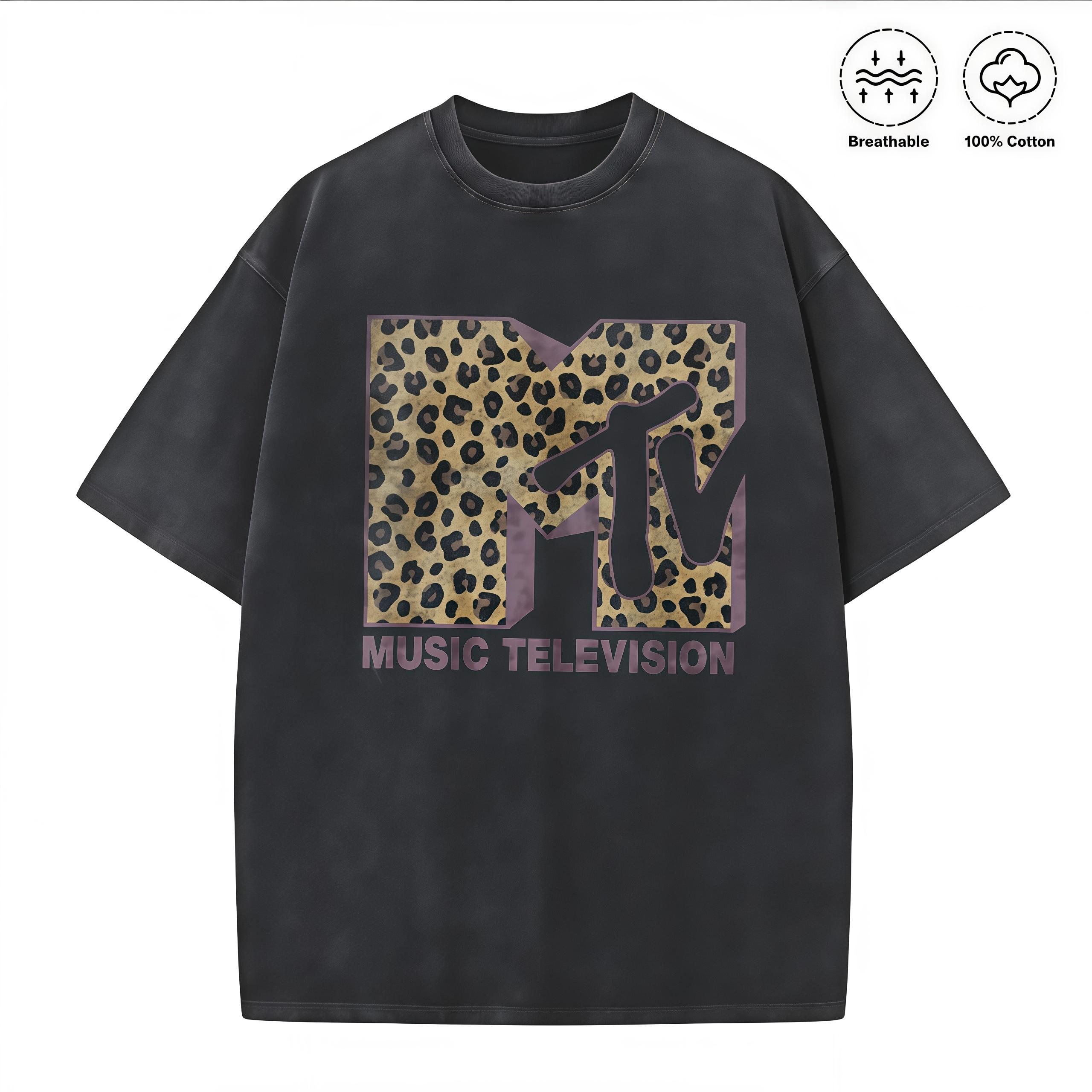 MTV Leopard Print Logo Graphic T-Shirt, Vintage Washed 100% Cotton Oversized Crew Neck Short Sleeve Tee for Men Women, Retro 80s 90s Music Television Casual Streetwear, Breathable Summer Top,funny graphic tee, men’s trendy t-shirts,