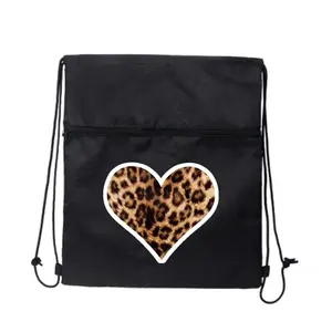 leopard print heart Fashion black drawstring backpack durable for students commute outdoor and shopping