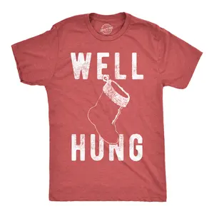 Mens Well Hung T Shirt Funny Christmas Stocking Tee Offensive Humor Xmas Gifts Mens Funny T Shirts Cool Vintage Fashion T-Shirt Gift Classic Menswear Christmas Apparel for Men Funny Adult Humor Short Sleeve Red