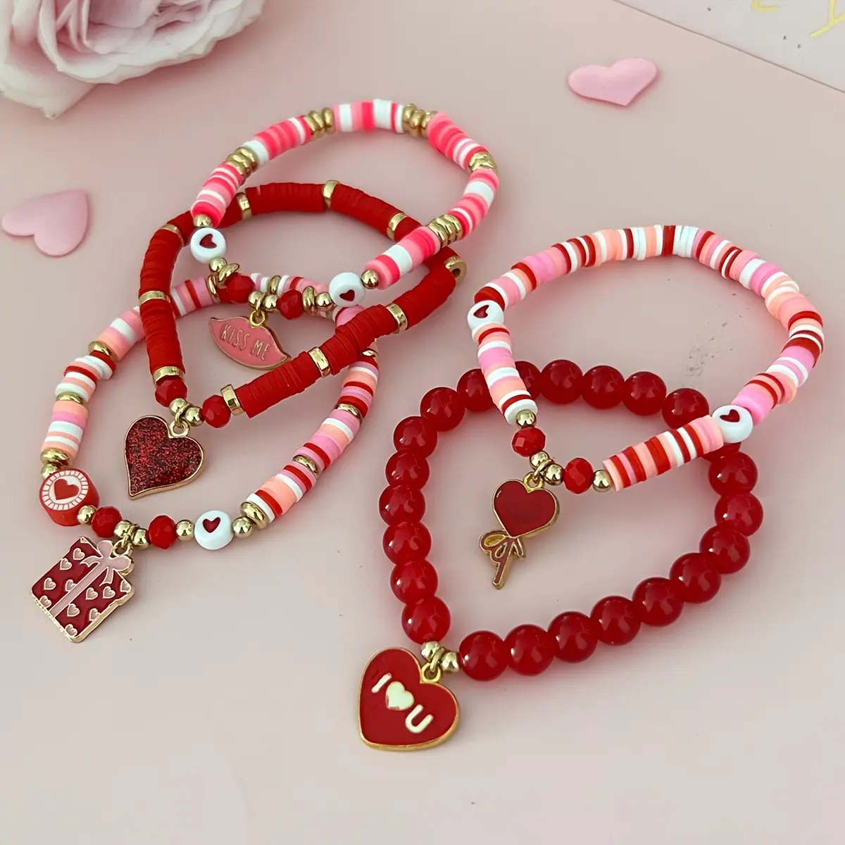 5PCS Couples Romantic Striped Bracelet Set, Soft Clay Bead Heart Charm, Metal-Free Elastic Couple-Style Fashion Costume Jewelry Bracelets & Bangles, Couples Bracelet Set