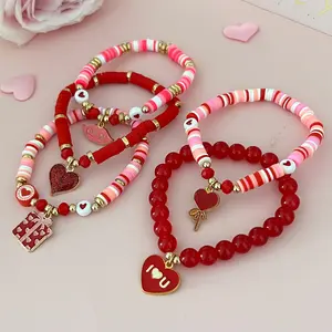 5PCS Love Token Bracelet Set Soft Clay Bead Heart Charm Metal-Free Elastic Couple Style