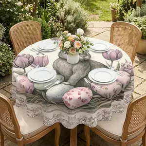 Round table cloth with gray rabbit, tulips and Easter eggs on beige background, fresh retro style table accessory, for Easter Party, Artistic Gathering, Restaurant