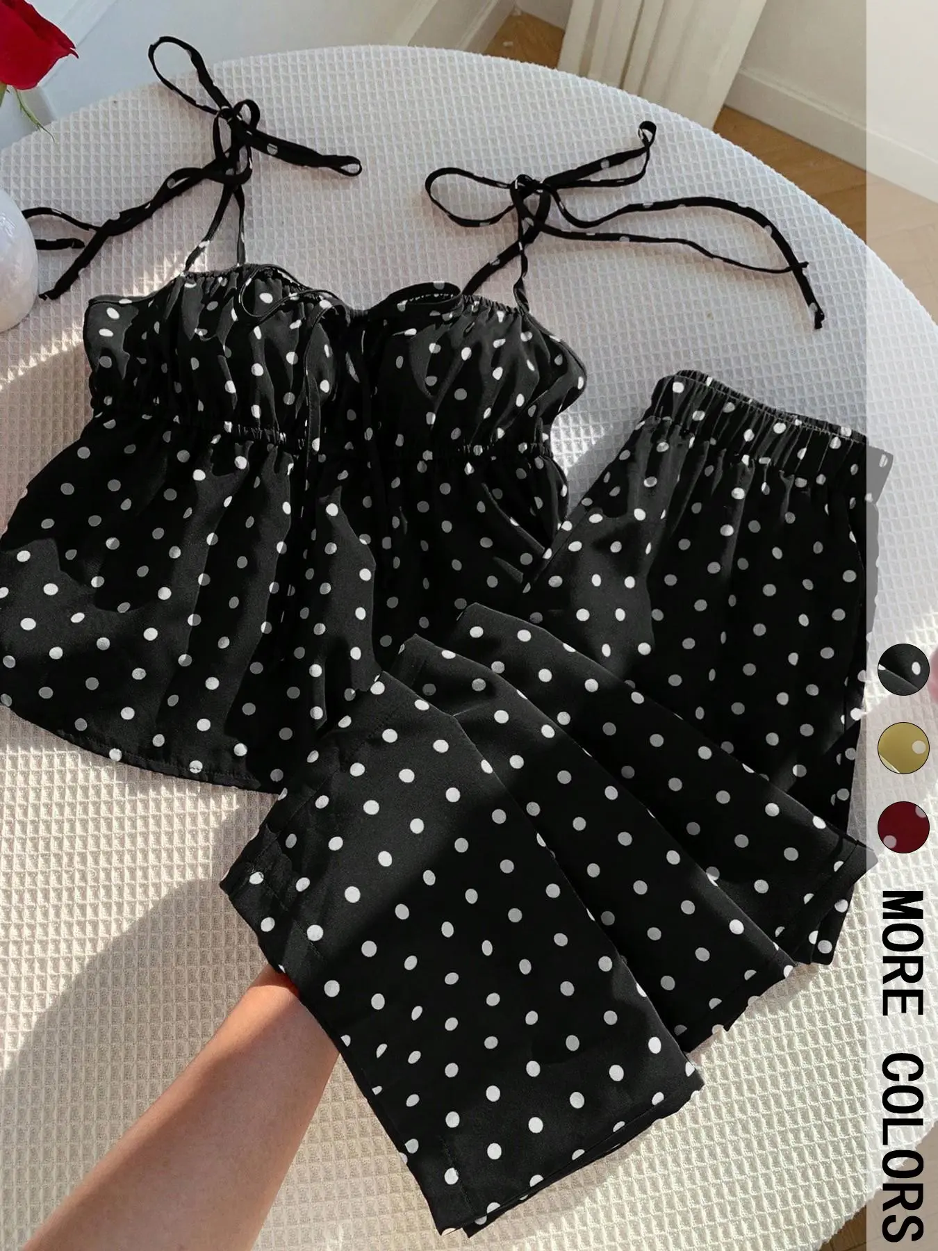 Women's Polka Dot Print Tie Shoulder Strap Sleeveless Cami Top & Wide Leg Baggy Pants Set, Front Drawstring Top & Elastic Waistband Trousers for Vacation & Daily Wear, Lightweight Draped Woven Fabric, Loungewear, Streetwear Casual Wear