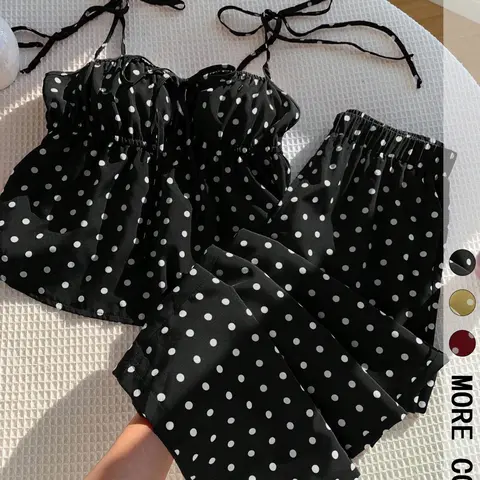 Women's Polka Dot Print Tie Shoulder Strap Sleeveless Cami Top & Wide Leg Baggy Pants Set, Casual Everyday Set, Front Drawstring Top & Elastic Waistband Trousers for Vacation & Daily Wear, Lightweight Woven Fabric, Loungewear, Streetwear Casual Wear