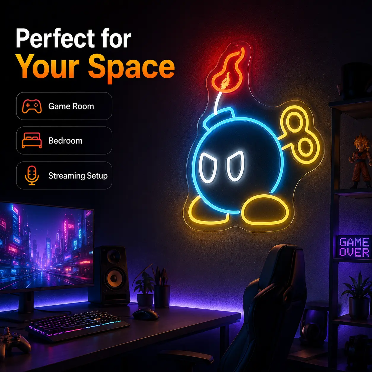 Animated Flame Effect Acrylic Back Cartoon Bomb Neon Sign - USB-Powered LED Arcade-Inspired Wall Light, Lightweight Color-Changing Gamer Stuff, Gaming Setup Decoration, Cool Gift for Gamers, Indoor Use, Dorm