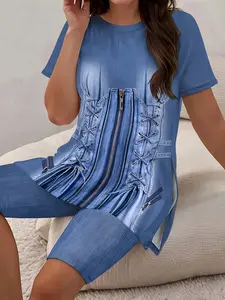 [Free Shipping] Stylish Women's Casual Faux Denim Print Two-Piece Set | Short Sleeve Top with Side Slits & High-Waisted Shorts, Comfortable Fit, Round Neck Polyester, Layered Design for Spring/Summer