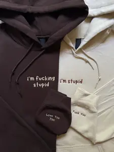 I'm F*cking Stupid & I'm Stupid Matching Embroidered ( Message Us For Custom Name ) Hoodie Set – Playful Trouble & Trouble Heart Couple Sweatshirts, Funny His And Hers Matching Outfit, Cute Best Friend Or Partner Gift With Minimal Embroidery