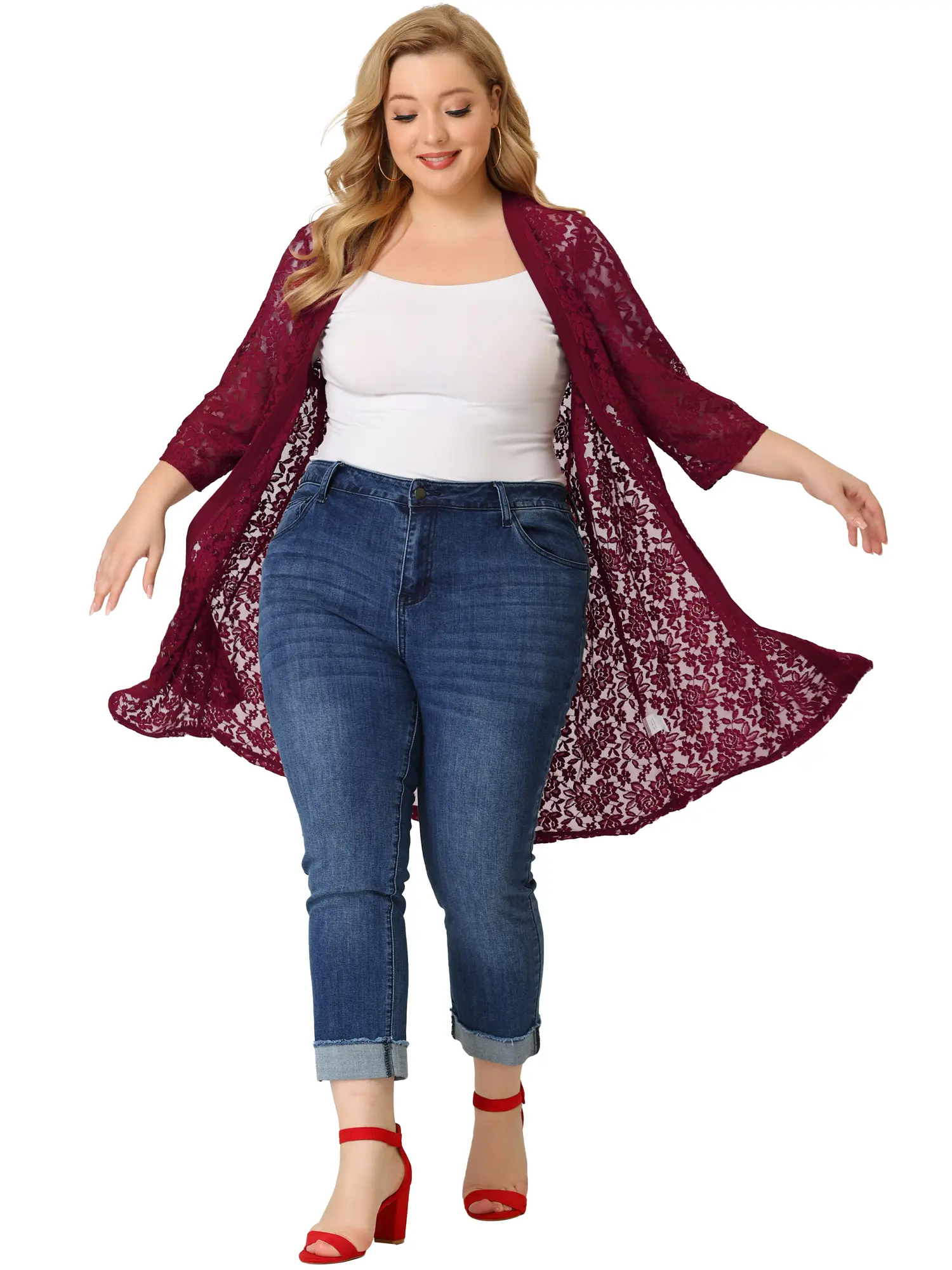 Agnes Orinda Plus Size Cardigans Lace Crochet 3/4 Sleeve Sheer Cover Up Jacket
