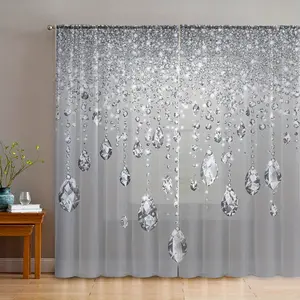 2pcs Silver Gray Crystal Luxurious Style Printed Home Decoration Gauze Curtain, Flowing Window Curtain, Window Decorations Supplies, Suitable for Kitchen, Coffee Shop, Restaurant, Balcony, Garden, Bedroom