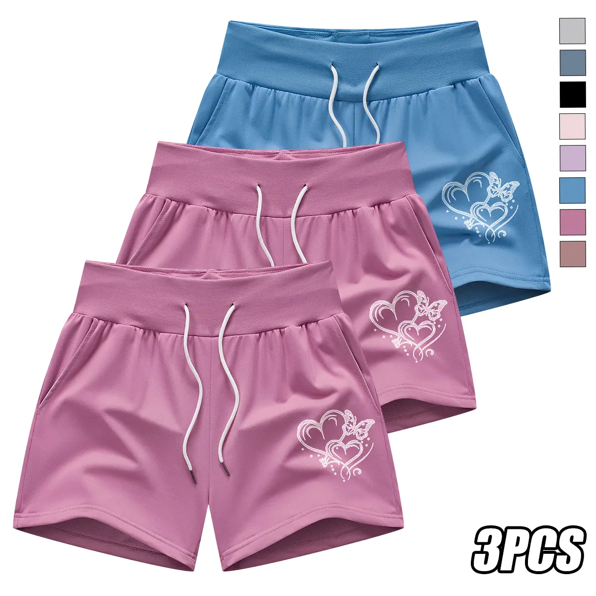 Women's 3-Pack Casual Shorts, Loose Fit Heart Print Design with Elastic Waist, Breathable and Lightweight Polyester, Elastic Waist Shorts, Casual Wear