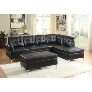 Homelegance 8378BLK-3PC Barrington Black Faux Leather Sectional Sofa Set with Chrome Legs & Ottoman for Living Room Comfort