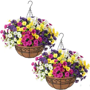 2 Set Artificial Hanging Flowers Fake Plants Baskets for Outdoors Spring Decor , 24 Pcs UV Resistant Faux Morning Glory with 2 Hanging Planters Realistic Silk Flowers for Outside Porch Patio Outdoor