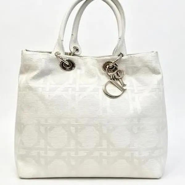 Pre-owned Dior Cream Cannage Jacquard Mini Tote Bag, White Lambskin, Top Handle, Logo Charm in Gold