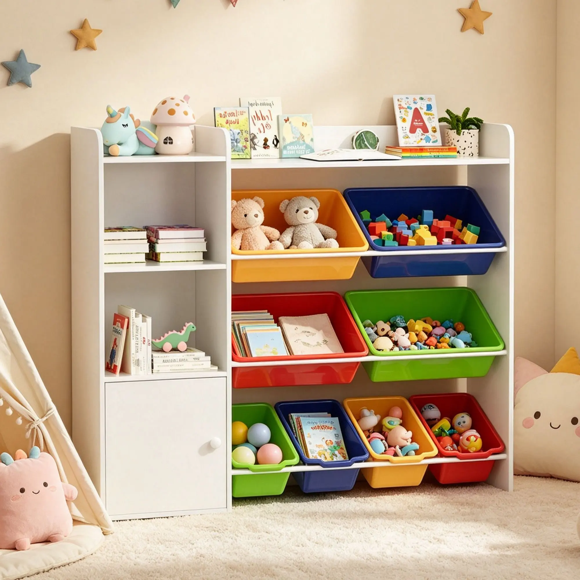 Montessori Kids Toy Storage Organizer,3-Tier Side Cubbies & Hidden Cabinet, Anti-Tipping , Stuffed Toys & Books, Kids Room/Playroom Furniture ,Shelf for Toddlers Bedroom Nursery Daycare, Color/White