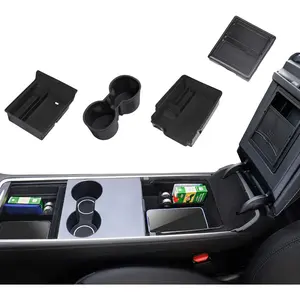 4PCS Center Console Organizer Compatible with 2021-2024 Model Y 2023 2022 2021 Tesla Model 3 Armrest Hidden Cubby Drawer Storage Box and Cup Holder Flocked ABS Material Interior Accessories