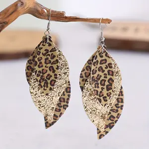 Vintage Three-Layer Leaf-Shaped Sequin Leopard Print Leather Earrings DDES0189 Fashionable Multi-Layer Leather Party Earrings