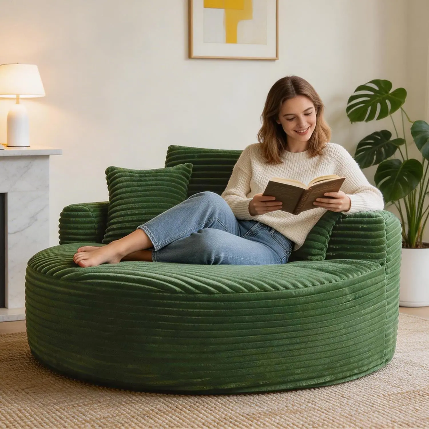 Garvee 55" Round Corduroy Chaise Lounge Chair – Oversized Deep Seat Cloud Design with 3 Pillows – Upholstered Sofa Bed for Living Room or Bedroom – Available in Green, Grey, Black