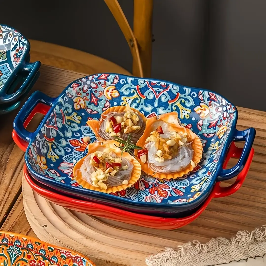 2Pcs/3Pcs Bohemian Style Ceramic Salad Plates, Dual Handles, Vibrant Floral Geometric Patterns, Oven & Microwave Safe, Home Kitchen Serving Dishes, Bohemian Aesthetic, Square Plates