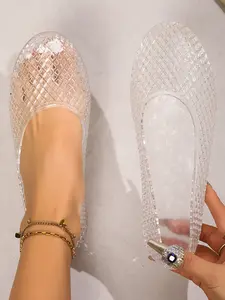 Women's Crystal Anti-Slip Sandals, Transparent Jelly Shoes, Mesh Design Breathable Flat Hole Shoes, Comfortable Slip-On Summer Shoes, Candy Color Beach Sandals, Odor-Resistant Waterproof Hollow Out Shoes, Footwear for Casual Wear