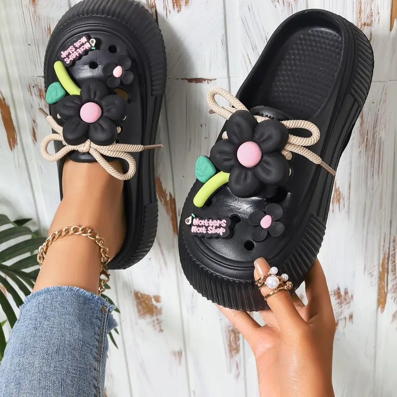 Women's Fashionable Flower Decorated Slides, Floral Slippers, Casual Comfortable Non-slip Summer Slippers for Outdoor Beach, Lightweight Breathable Slippers for Daily Wear, Walking Shoes