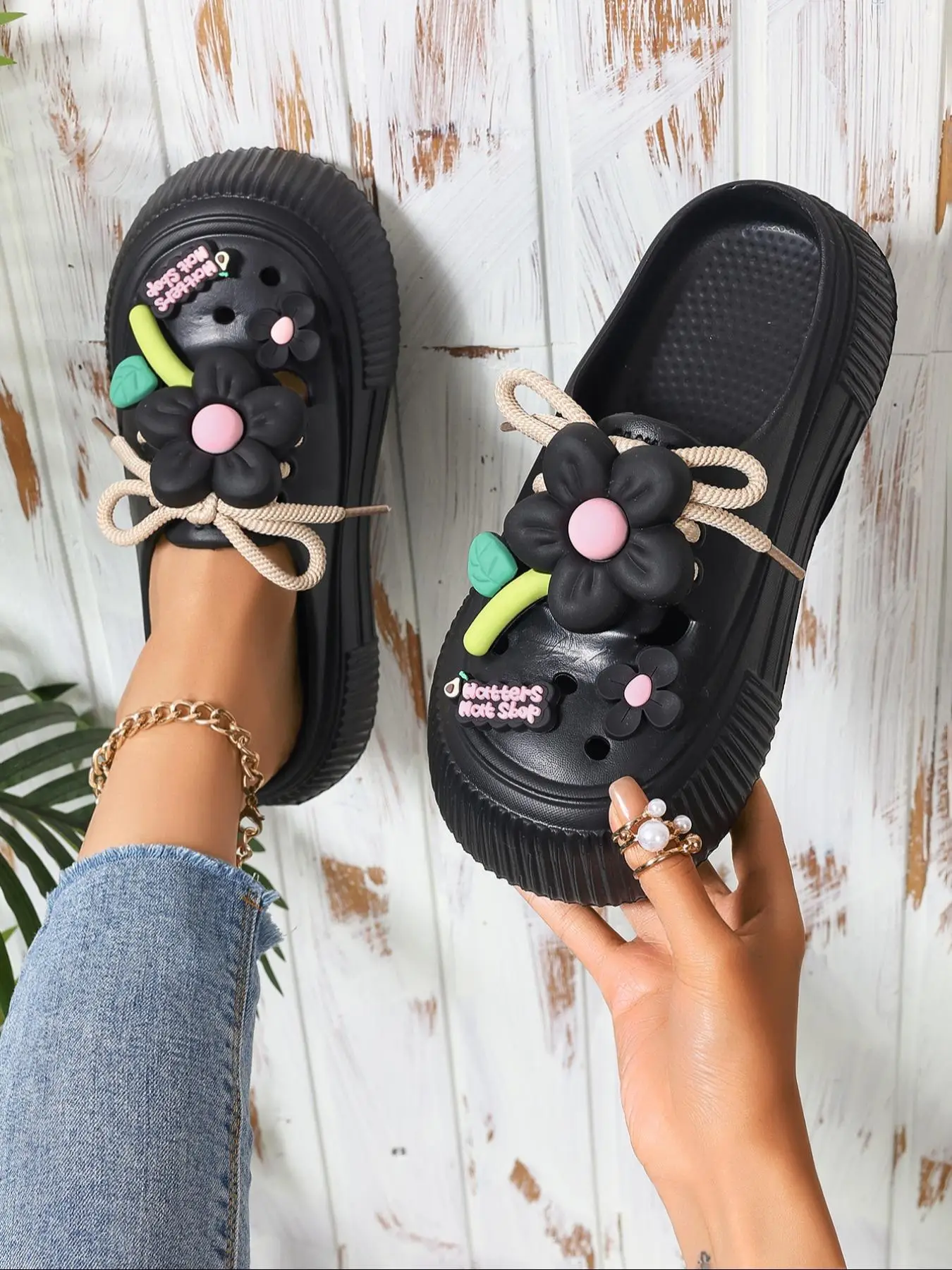 Women's Fashionable Flower Decorated Slides, Casual Comfortable Non-slip Slippers for Outdoor Beach, Lightweight Breathable Slippers for Daily Wear, W