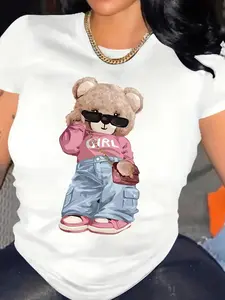 Women's Casual Cartoon Bear Print T-Shirt