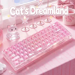 Cat's Dreamland Themed Transparent Pink PC Keycaps, Full Shine-Through Design, Cute Cat Motif, Compatible with MX Mechanical Switches, Custom Keycaps for Daily & Gaming Use (Keycaps Only, No Keyboard Included)