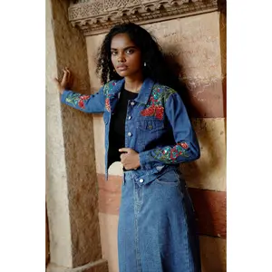 Blue hand-embroidered cropped denim jacket denim jacket coat fall