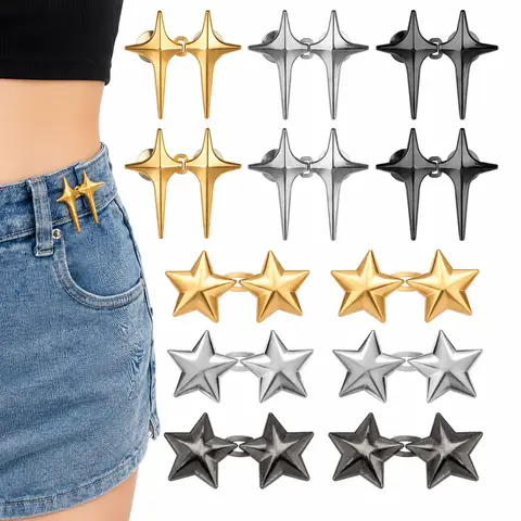 12-Piece Metal Waist Cincher Clips Set - Dual Star Pant Waist Tightener Buckles, Anti-Slip No-Sew Clothing Fix, Adjustable Jeans Button Pins, Comfortable to Wear Metal Fasteners (6 Cross Stars & 6 Pentagrams) for Loose Pants & Casual Dresses