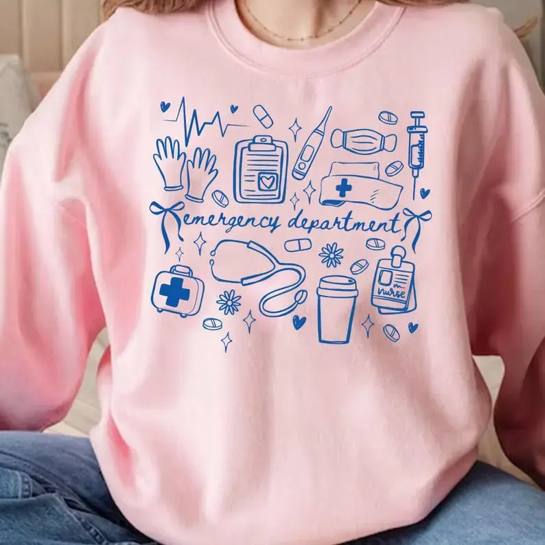 1202 SOUTH CLOTHING Women's Emergency Department Hoodie, Long Sleeve Graphic Printed Pullover, Cotton Blend Classic Fit Sweatshirt for Nurses