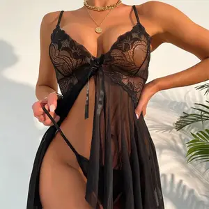 Thin Sexy Lingerie Women Black Sleepwear Pajamas See Through Dress Summertime  Sex Nightgown Erotic Deep V Sleepdress