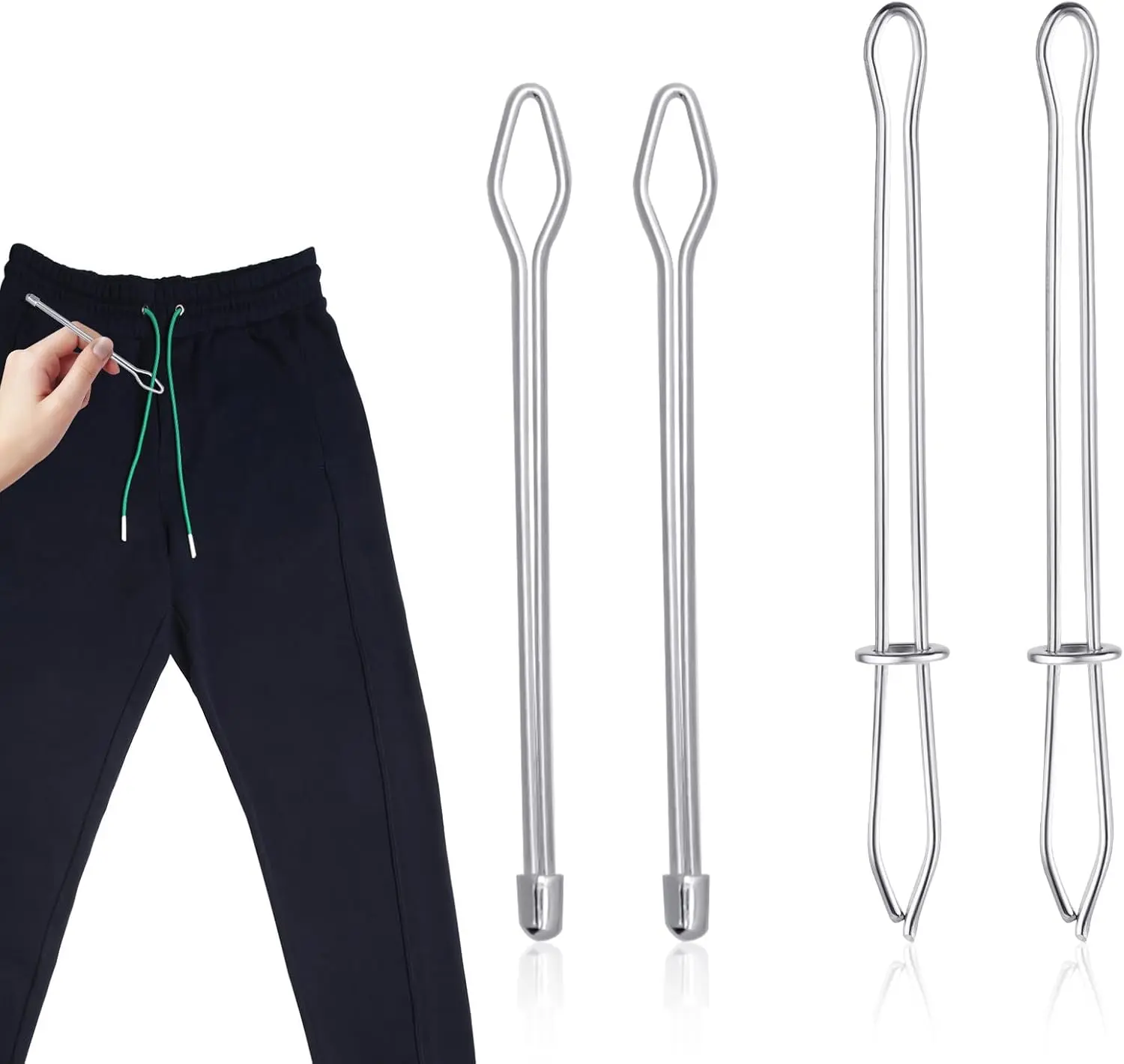 Bodkin Drawstring Rope Threader Set - 4pcs Metal Drawstring Threader Tool for Hoodies, Shorts, and Sweatpants, 2 Design Options