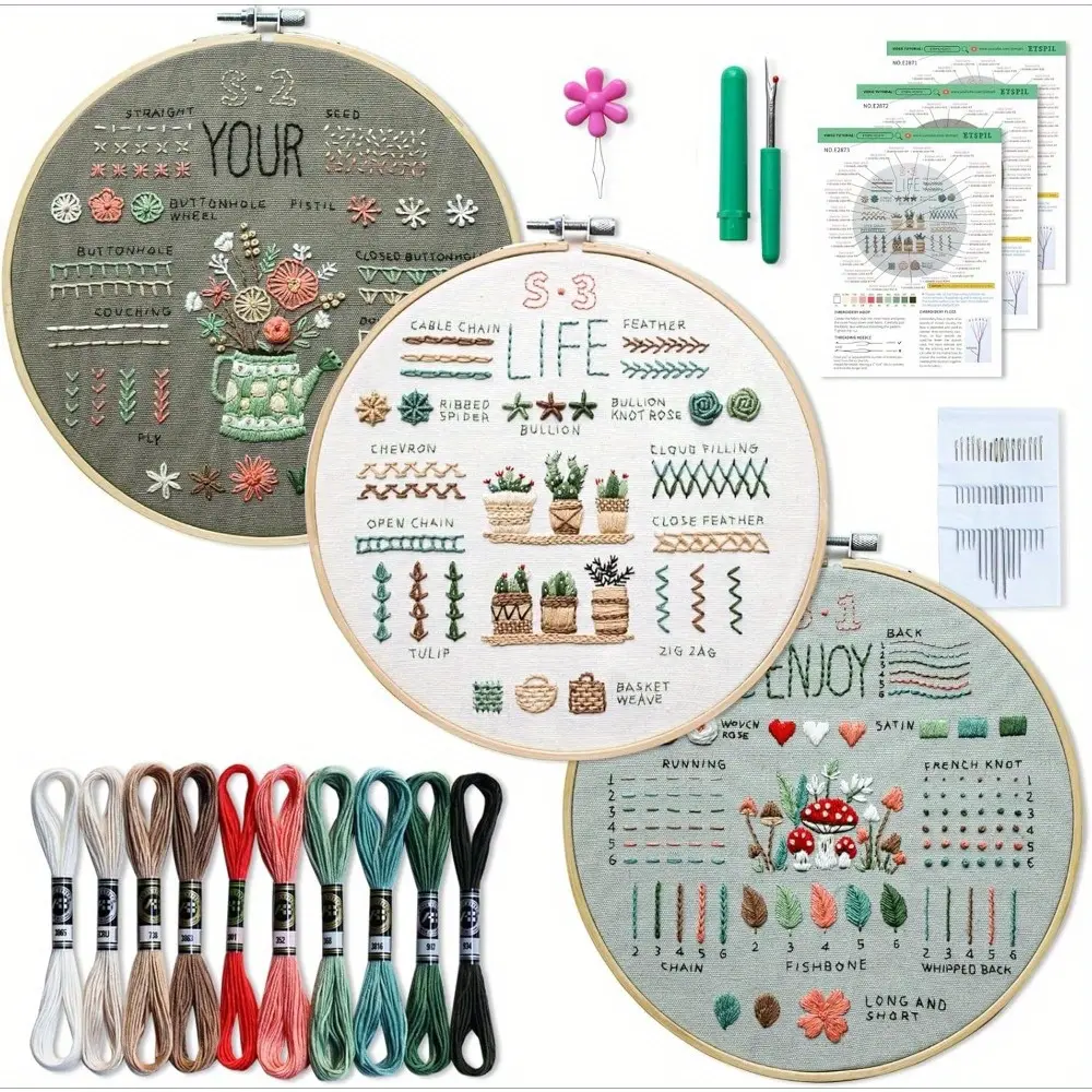 3 Pack Beginner Embroidery Kits for Adults DIY Starter Kit with 33 Stitch Techniques,Stamped Patterns,Embroidery Hoop,Colorful Threads,Tools,DIY Hand Tools Kit