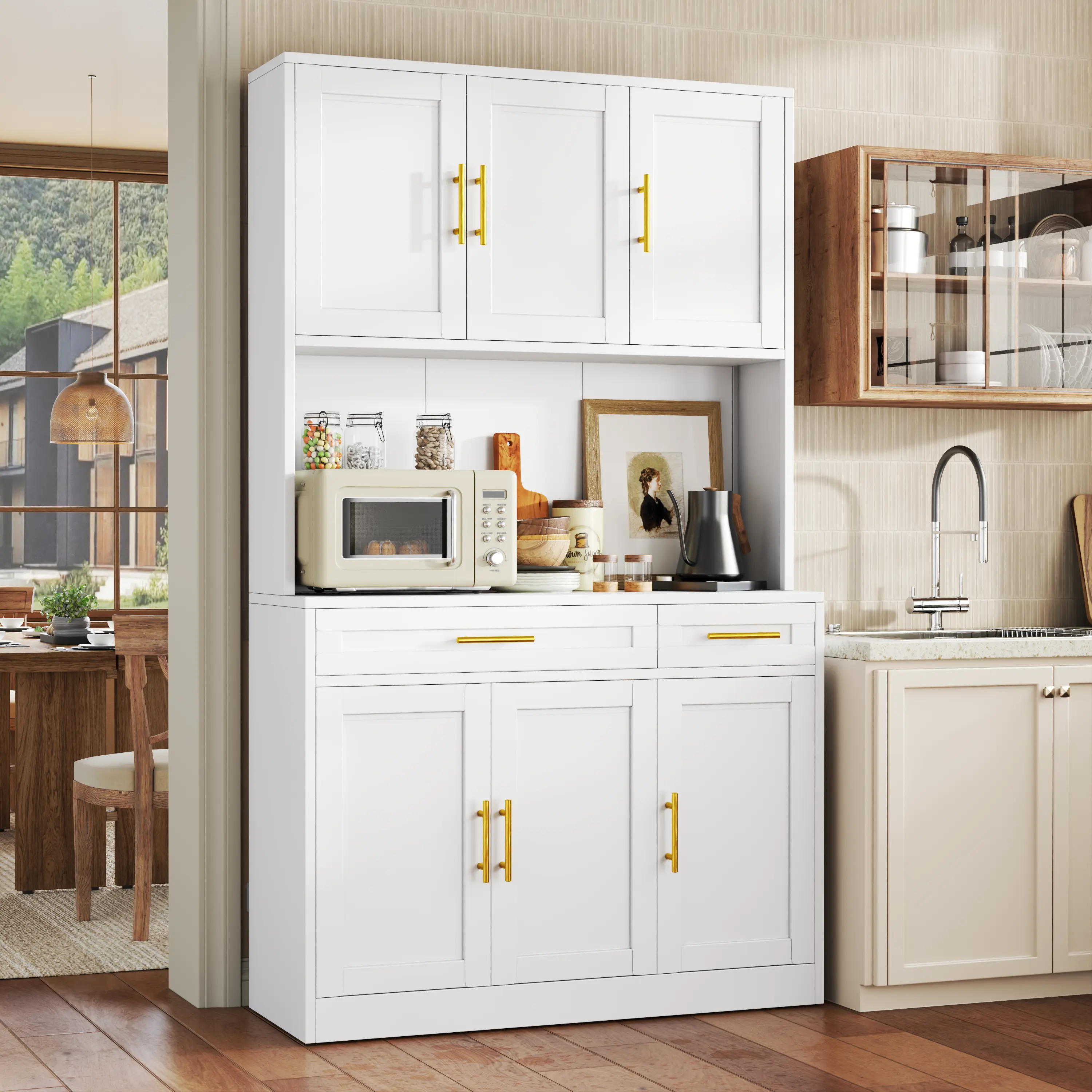 71" Metal Sideboard Buffet Cabinet with Cable Management, White Kitchen Coffee Bar Cabinet with Drawers & Adjustable Shelves – Freestanding Storage Console for Living Room, Dining Room, Entryway