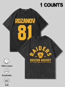 1 Men's Black Washed Oversized Sporty Tee, Double-Sided Boston Raiders Hockey & Rozanov #81 Graphic Print, Vintage Sports Design, Ideal for Casual Daily & Game Day Outfits
