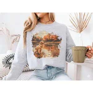 Retro Golden Retriever T-Shirt, Sweatshirt & Hoodie - 90s Autumn Scene, Boho Dog Lover Gift, Rustic Cabin Crewneck Cotton
