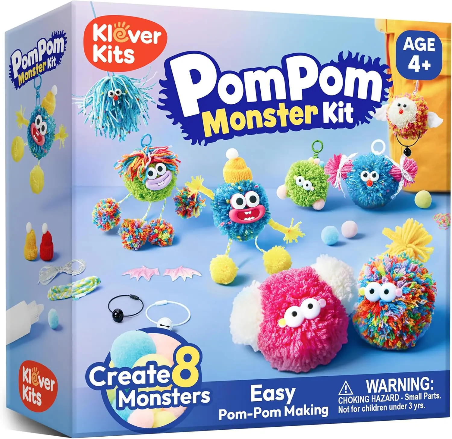 JOVA Klever Kits Pompom Monster Kits- DIY Plush Backpack Keychains, Pom Pom Crafts for Kids Aged 4+ Kid Felt Kits, Arts & Crafts for Boys Girls Birthday Party Gift Toy
