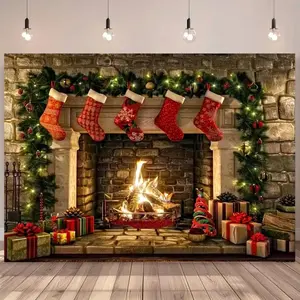 Cozy Winter Fireplace Christmas Backdrop Banner with Stockings Gifts & Festive Garland for Parties Photography and Seasonal Home Decor Outdoor Vibrant Colorful High-Quality Lightweight Easy Installation