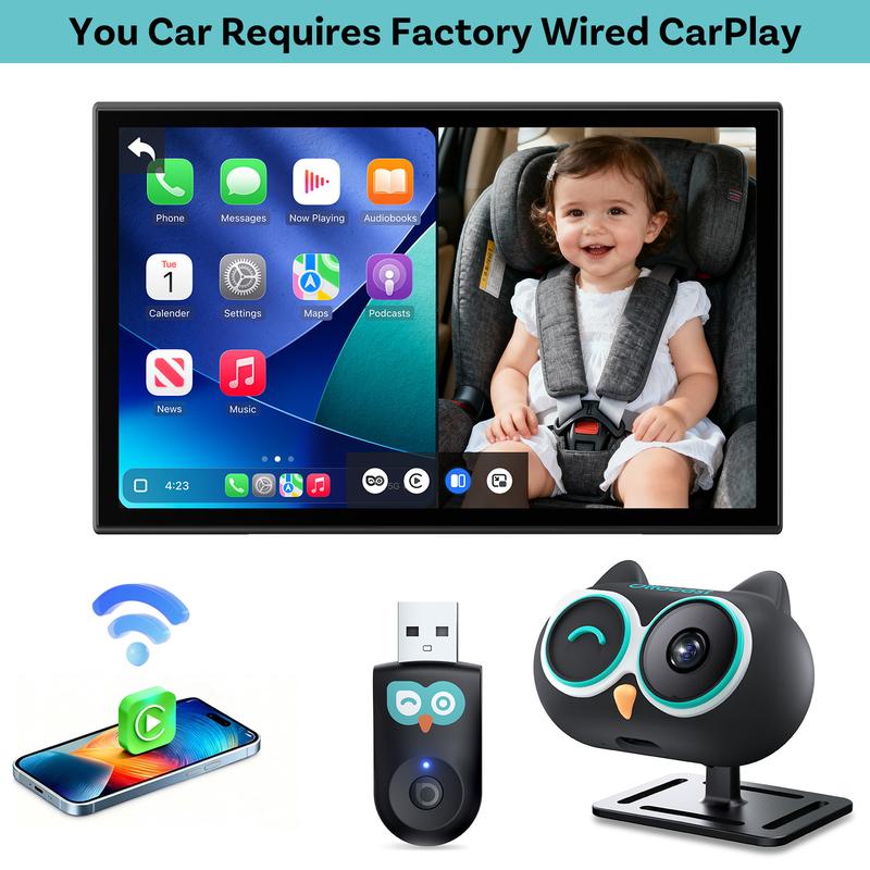 OTTOCAST Car Accessories Baby Camera & Wireless CarPlay Adapter (Only Works for Cars with CarPlay), 1080P HD Rear Seat Monitor, 150° Wide Angle, No-Glow Night Vision, Drive w/ Baby View & Safety