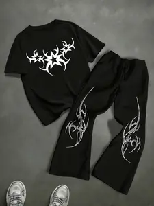 Men's Fashion Dark Starburst Print Short Sleeve Tee & Micro Flare Pants Set, Street Skate Casual, Unisex Punk Style Clothes