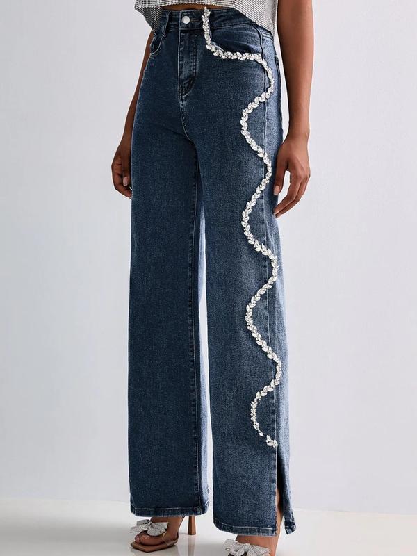 Women's Mid-waist Wide-leg Jeans With Heavy Craft Diamond-embellished Wavy Patterns, Featuring Classic Zipper And Button Fly With Functional Pockets, Split Hems, And A Drapey Straight Cut. Suitable For All Seasons And Various Occasions.