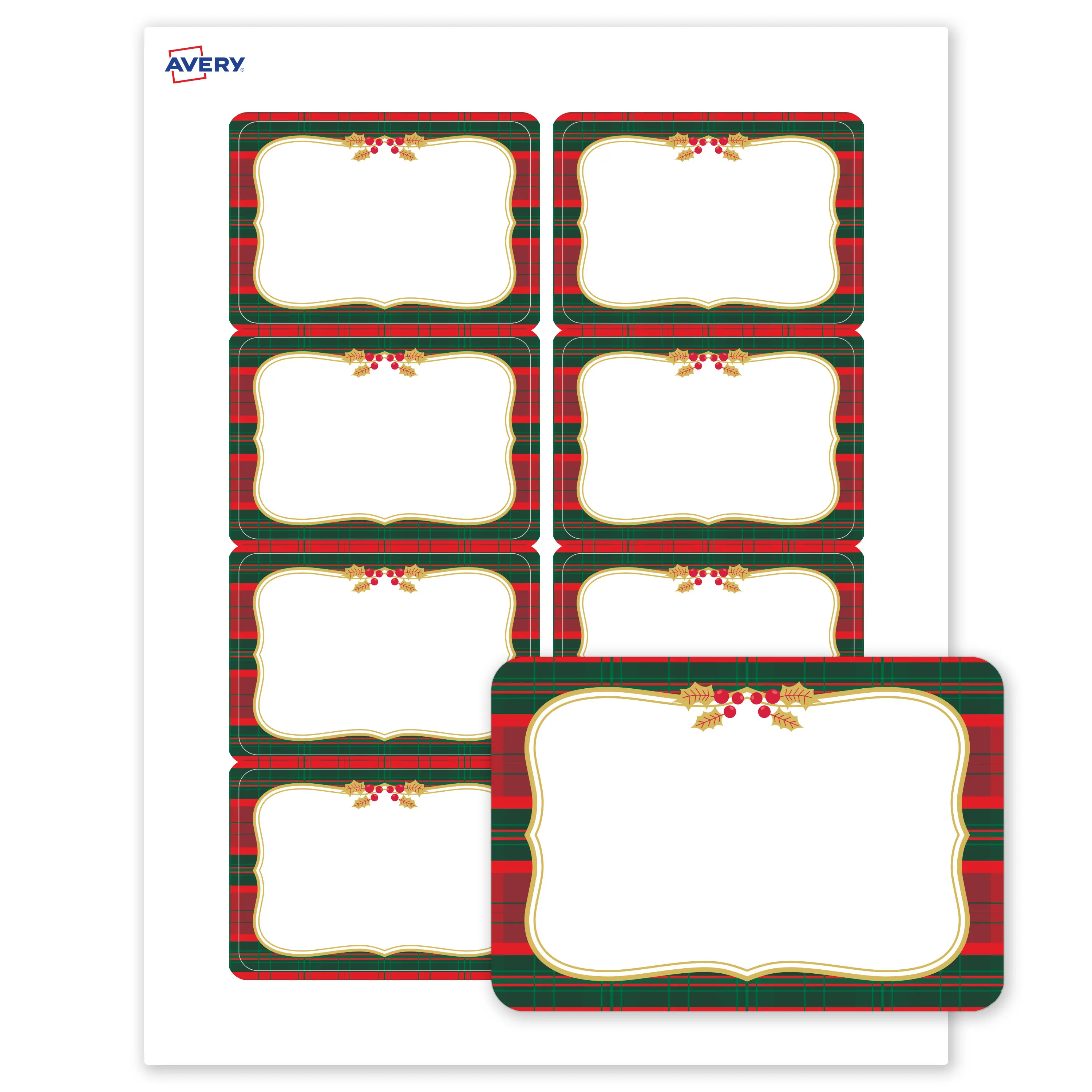 Avery® Printable Christmas Adhesive Name Tags, 2-1/3" x 3-3/8", Matte White, Pre-printed Plaid Border/Metallic Gold Frame Design, Laser & Inkjet Compatible, 160 Total