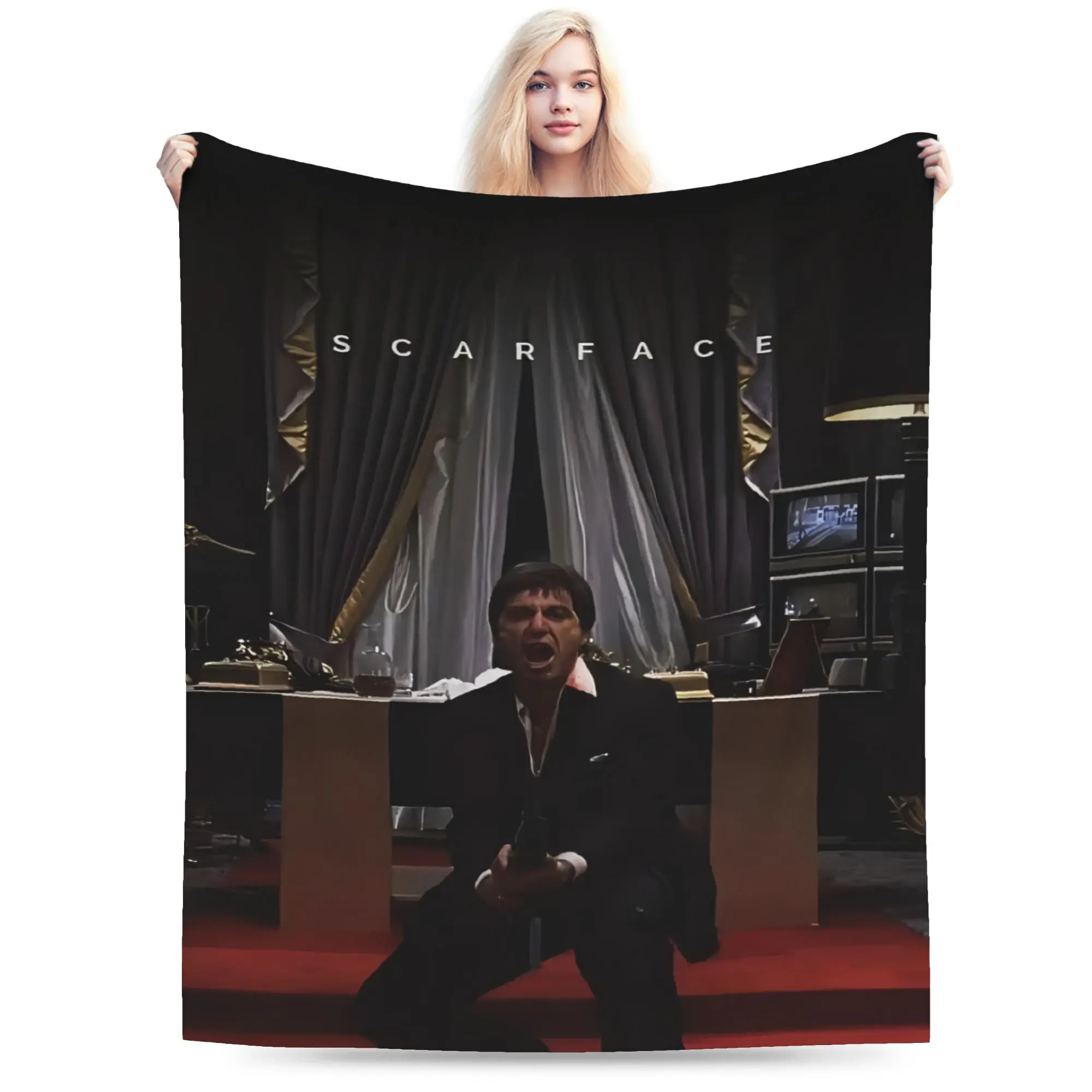 This ultra-soft flannel blanket features a print of the movie poster from "Scarface." Warm and comfortable, it's suitable for various occasions, including the living room, office, sofa bed, and nap time. Perfect for all seasons and travel. Available in mu
