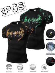 2 Pcs Men's Sporty Fitness T-Shirts, Gym Sportswear, Dark Thorn Print, High Elasticity, Quick-Dry, Breathable, Slim Fit, Ideal for Gym Training