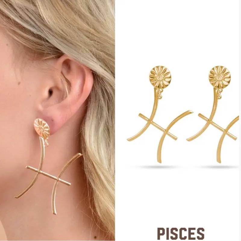 Pisces Gold Zodiac Earrings - Elegant Design with Crossing Elements, Lightweight and Stylish Accessory for Pisces